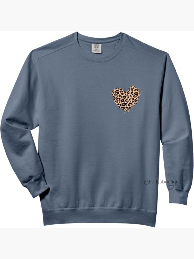 Leopard Print Heart Pocket Crew Neck Pullover Sweatshirt Adult